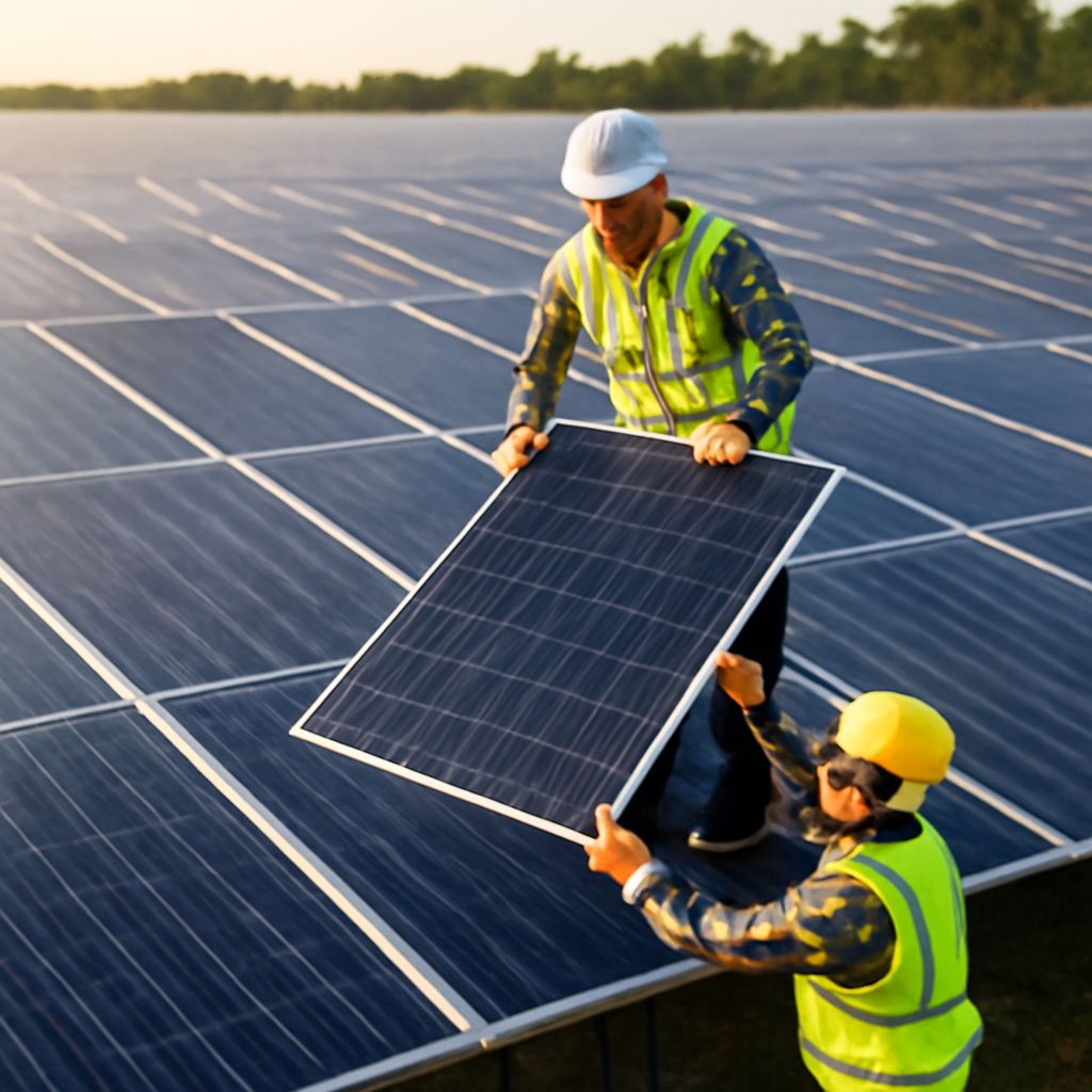 Future image of solar powered robots and panels