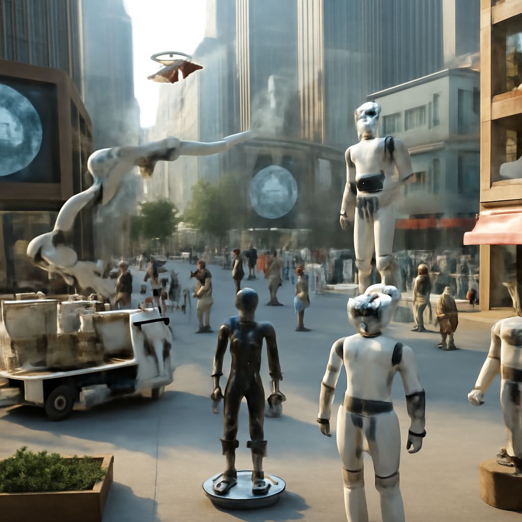 Illustration of future space city with robots, featuring a robot making frozen yogurt and a wow cool robot meme